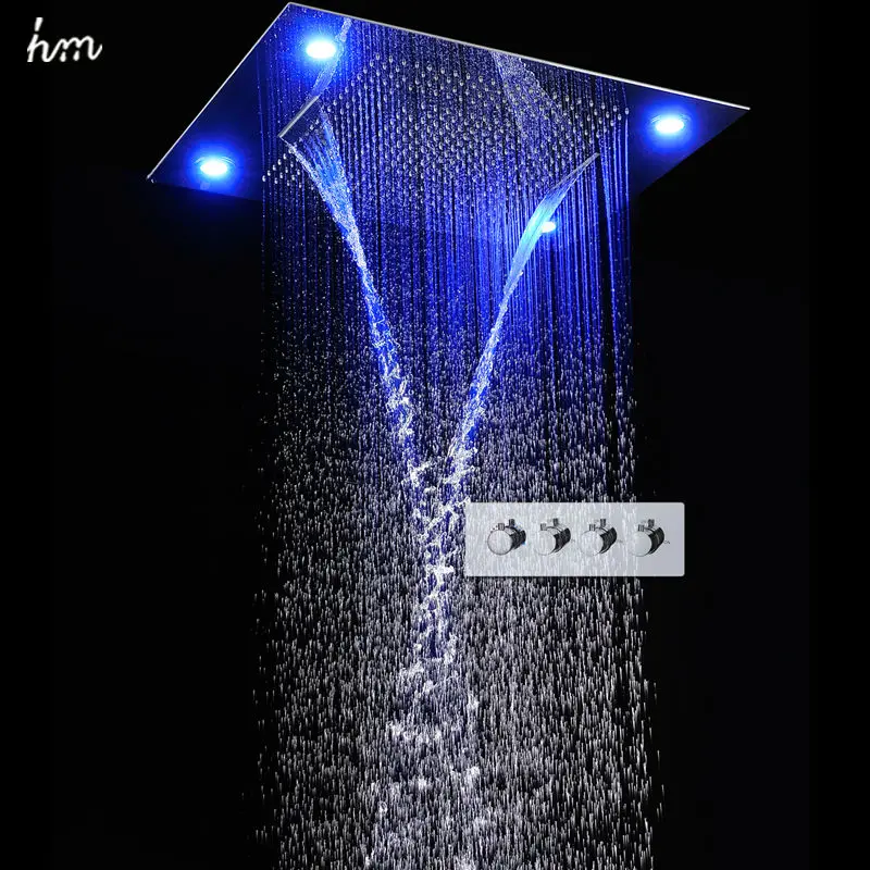 

hm Luxury Ceiling LED Shower Set Large Waterfall Rainfall Shower Head System Bathroom Thermostatic Mixer Diverter Shower Faucets