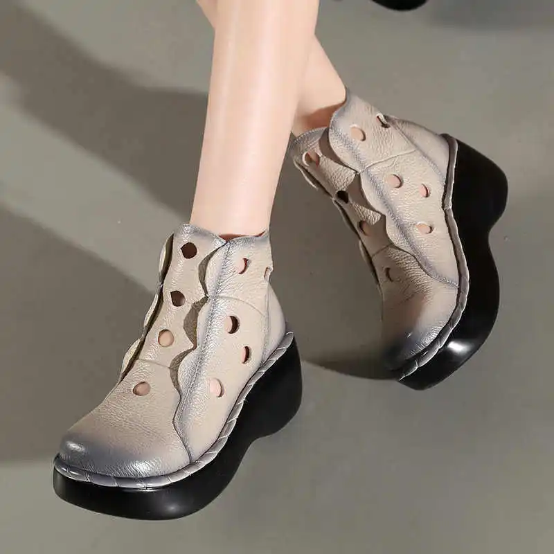 Genuine Leather Women Summer Boots Platform Wedges Round Toes Cut Out Hole Ankle Boots Vintage Woman Shoes