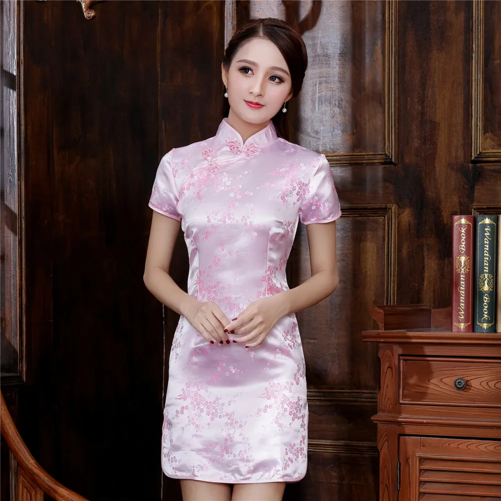 Noble Women Short Sleeve Slim Qipao Summer New Satin Mini Flower Cheongsam Oversize Female Evening Party Dress 3XL 4XL 5XL 6XL