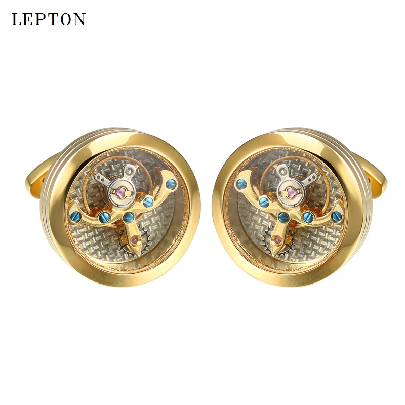 

Lepton Gold Color Tourbillon Movement Cufflinks For Mens Wedding Groom Watch Steampunk Gear Mechanism Cuff links Relojes gemelos
