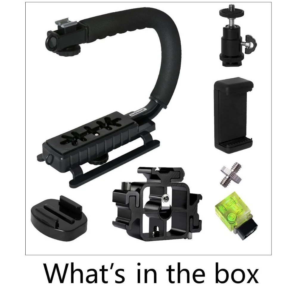 C Stabilizer Bracket Low Position Shooting Rig w/3 Axis Hot Shoe Bubble Level， 1/4 thread and hot shoe phone clamp gopro