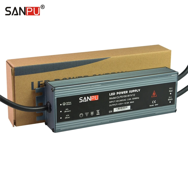 

SANPU 12V Power Supply 150W 12A IP67 Waterproof 110V 220V AC to DC Lighting Transformer 12VDC LED Driver Thin Slim Aluminum