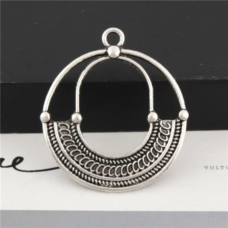 5Pcs Silver Color Ethic Hollow Round Shape Charms Pendant For Women Handmade Necklace Earrings Jewelry Accessories8X12mm A3119