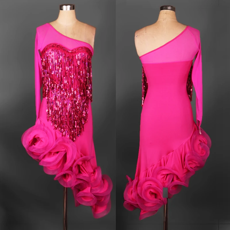 S-XXL high quality one sleeve Rumba samba cha cha salsa jive Paso Double Paillette sequin competition Latin dance dress