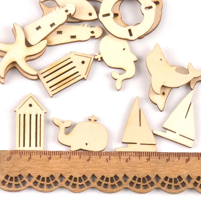 27-31mm Mixed Wooden Ornament Dolphin/starfish/whale/anchor/sailboat Pattern Wood For Scrapbook DIY Carft Home Decor 20pcs m2153