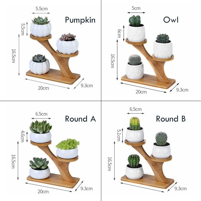 1 Set Ceramic Owl Garden Pots Modern Pumpkin Flowerpot Nursery Succulent Plant Pot 3 Bonsai Planters with 3-Tier Bamboo Shelf