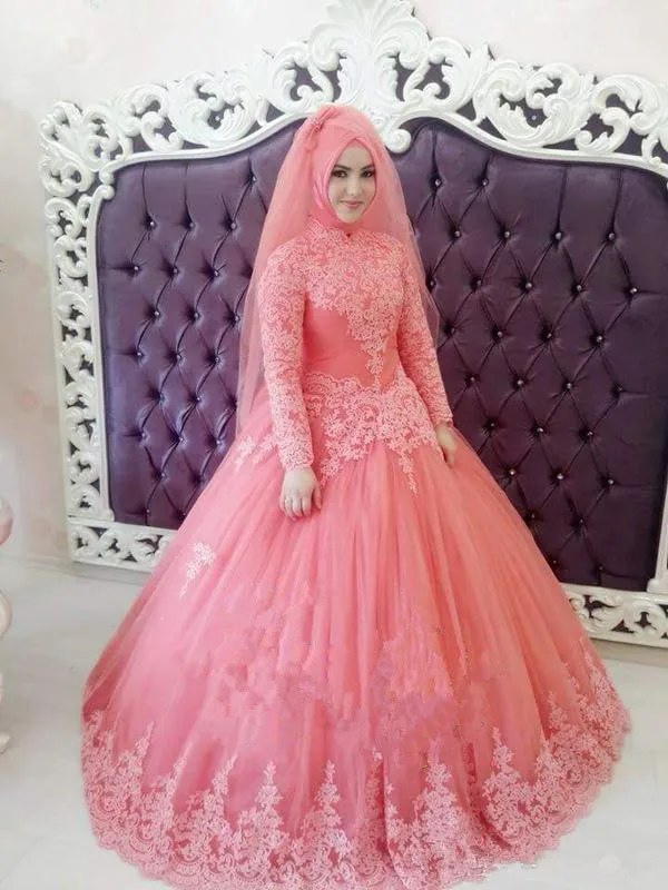 Robe De mariée musulmane en Tulle rose, col haut, manches longues, perles appliquées, grande taille, 2020