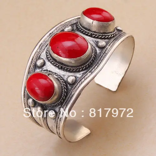 

Hot Bling oval Red Coral bead inlay tibet silver cuff bracelet guarantee Adjustable Party Gift Style &6YB00045