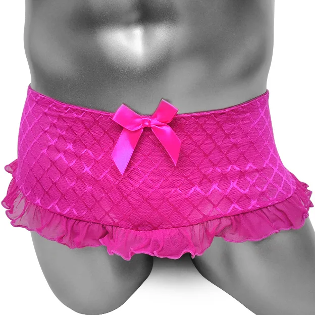 Sissy-bragas tipo Tanga con falda, lencería Sexy Gay, ropa interior a cuadros con lazo, faldas con volantes, bolsa para pene, ropa interior transparente