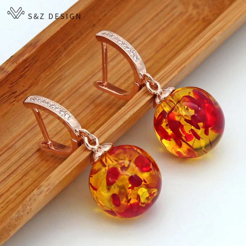 S&Z DESIGN New 585 Rose Gold Color Temperament Vintage Round Flower Beads Dangle Earrings For Women Girl Wedding Party Jewelry