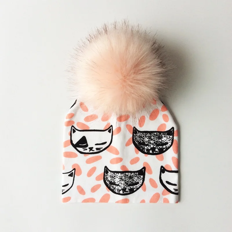 Autumn Winter Toddler Boy Girl Cartoon Printing Cotton Pompom Cap For Kids Baby Beanie Hat With Pompon Children Bonnet