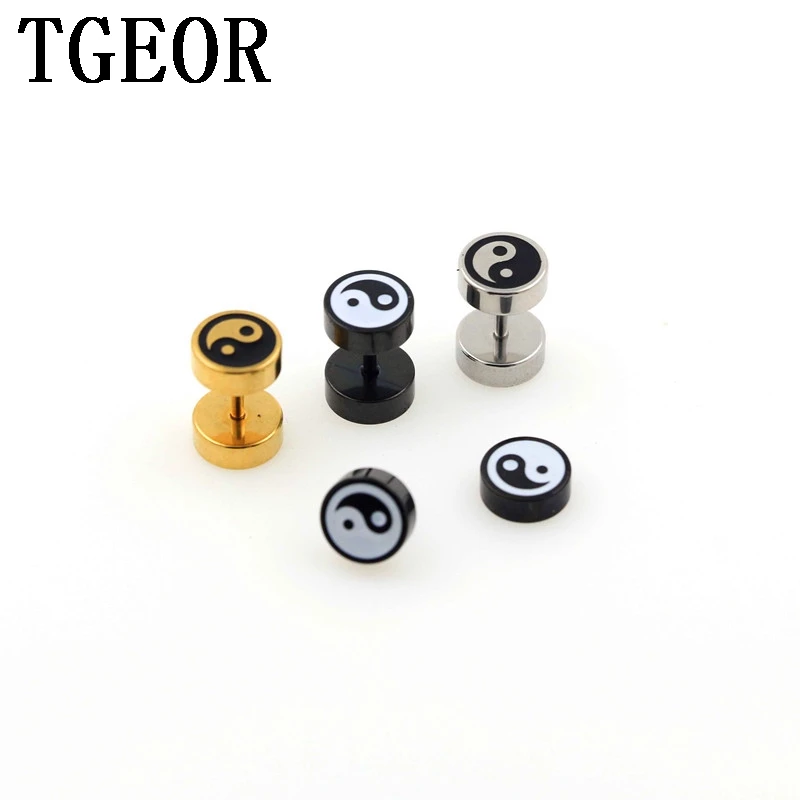 free shipping illusion cheaters 20pcs 1.2*6*8/8mm Stainless Steel double side drop black oil Tai Chi piercing fake plugs