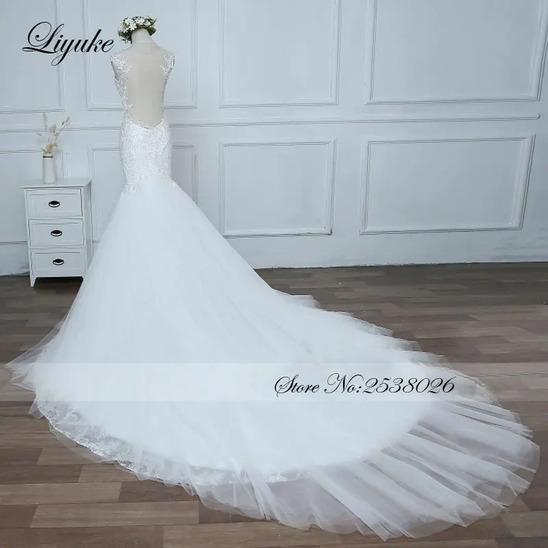 Liyuke Fabulous Pearls  Mermaid Wedding Dress Court Train Backless Beading Elegant Spaghetti Straps Bridal Dresses