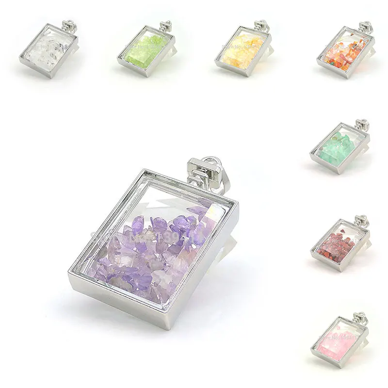 Mixed Stones Chips Rectangle Device Pendant With Gluing Double Glass Boards Approx 50*27*12mm