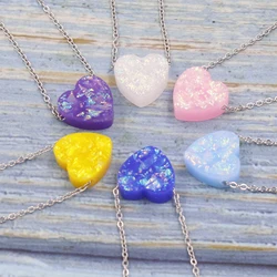 Fnixtar Stainless Steel Exquisite Simple 12mm Heart Opal Pendant Necklace For Women Synthetic Opal Heart Necklace 2Piece/lot