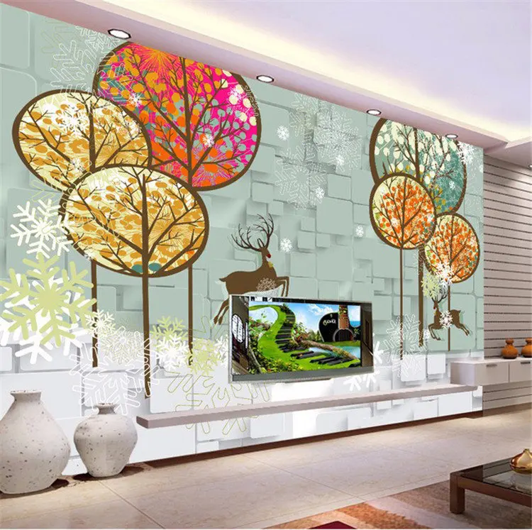 Modern minimalist TV background wall paper Nordic hand-painted living room bedroom wallpaper mural 3d wood deer wall cloth