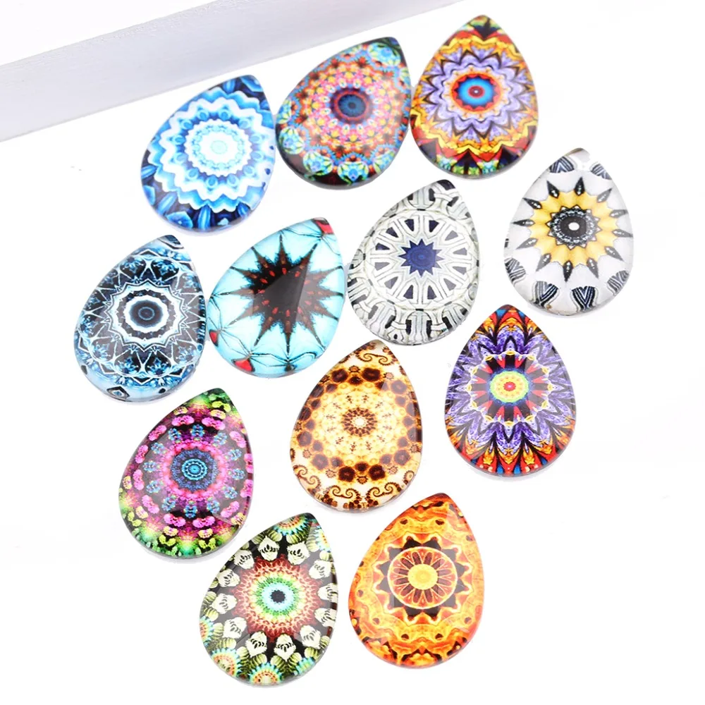 

reidgaller 20pcs mix mandala pattern teardrop glass cabochon 18x25mm diy jewelry accessories for earrings pendants making