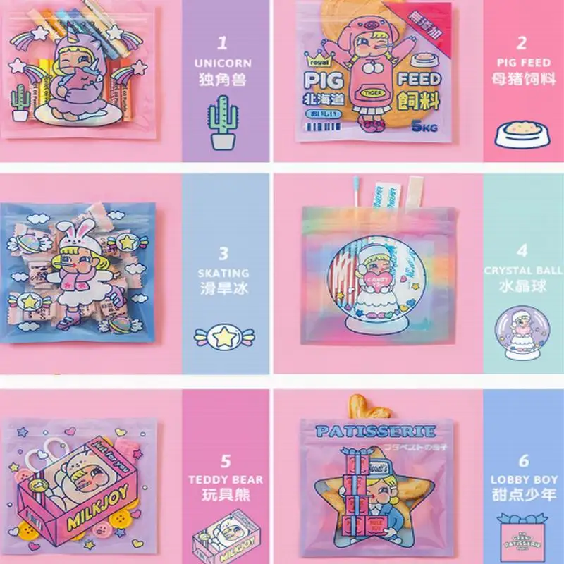 8pcs Cute Cartoon Korea Printed Coin Purse Unicorn Teddy Crystal Transparent Jelly Rabinbow Storage bag Food Sealed bags