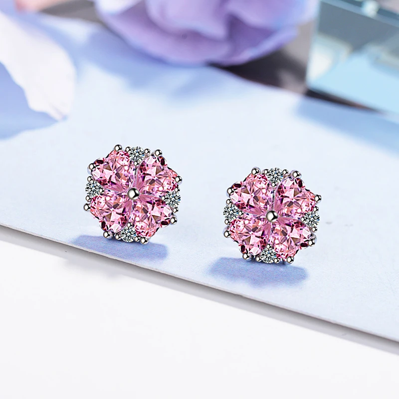 925 silver needle Luxury Pink Crystal Zirconia Cherry Blossom Flower Stud Earrings For Women Girl Brincos De Prata