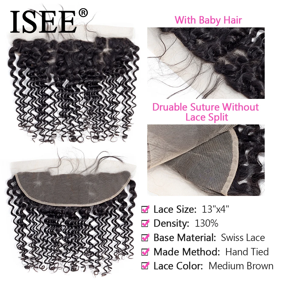 ISEE HAIR Brazilian Deep Wave Frontal Lace Closure With Baby Hair 100% Remy Human Hair Extensions 13*4 Hand Tied Hair Extension