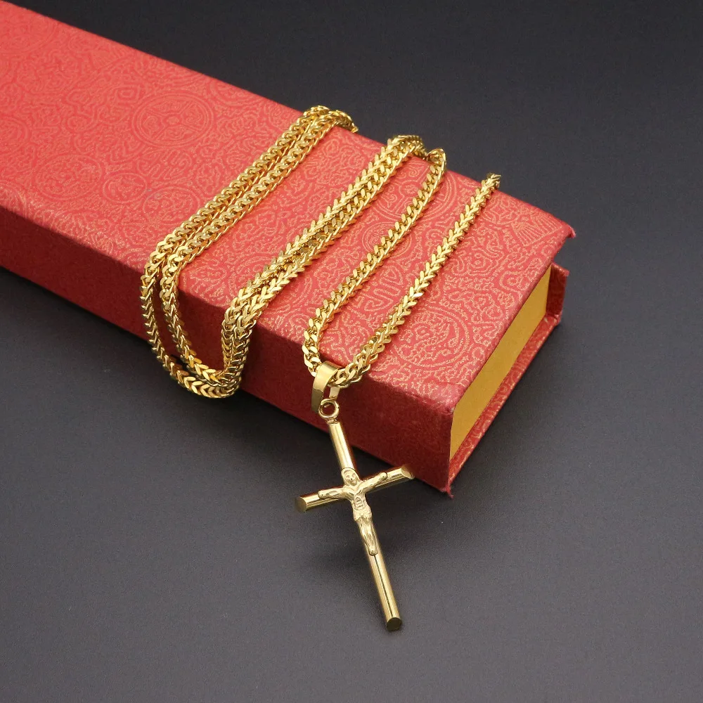 JSBAO High Quality Womens Cross Necklace Stainless Steel 60CM Chain Pendant  Cross Gold Color Mens Necklace For Women Best Gift image 3