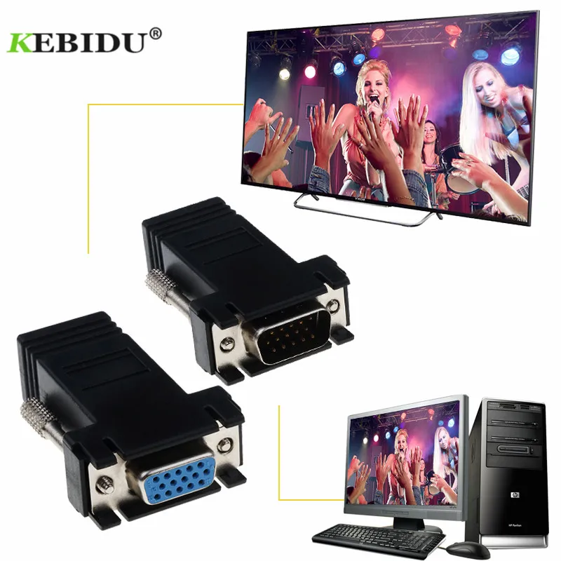 kebidu RJ45 to VGA Extender Male to LAN CAT5 CAT6 RJ45 Network Ethernet Cable Female Adapter Computer Extra Switch Adapter