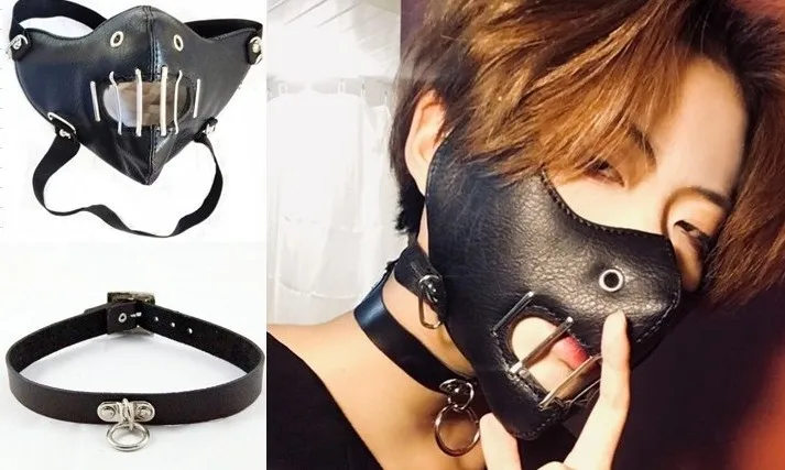 Black Leather Unisex Steampunk Gothic Punk Cosplay Mask with Collar Hollow Out Half Face Protective Rock Winter Warm Masks