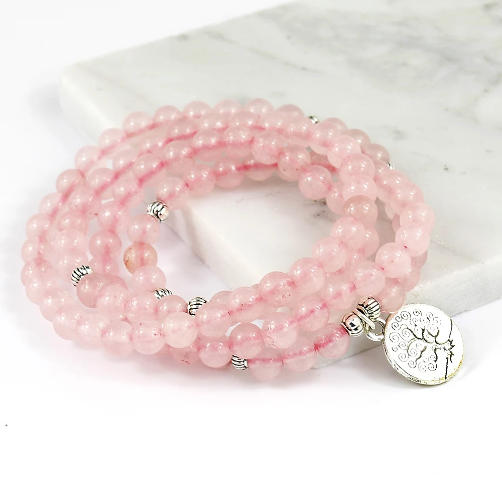 Pink Beads Buddhist Buddha Meditation 6mm 108 Beads Natural Stone Prayer Bead Bracelet Women Jewelry Women Stretch Yoga Jewelry