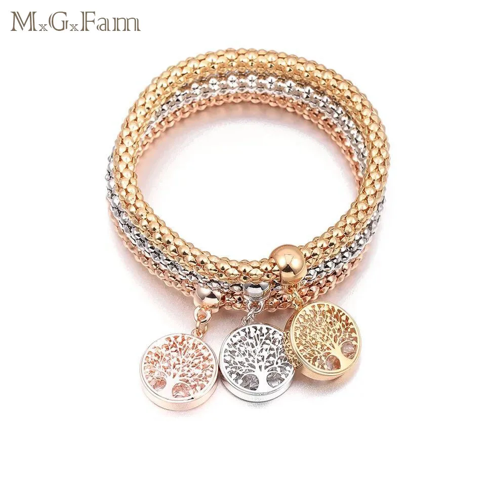 Mgfam (3ピース/セット)ツリーライフも魅力のポップコーンブレスレット用ファッション女性クリスタルジュエリー3金カラー選択肢アレルギー送料