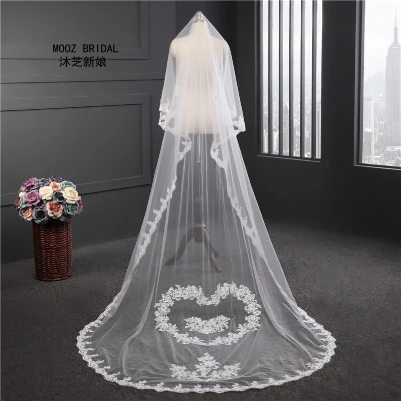 017 Bridal Veils Een Layer Lace Edge Applicaties Sweetheart Staart Kathedraal Lengte Nieuwe Stijl Bruiloft Sluier