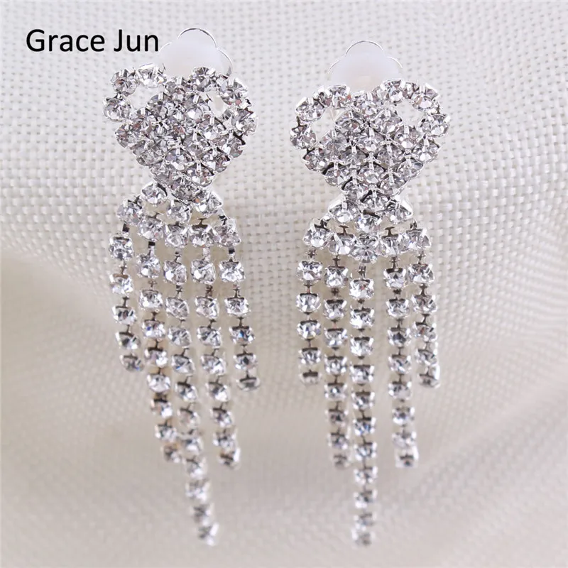 Grace Jun16 Colors Rhinestone Crystal Tassel Clip on Earrings Non Piercing for Women Charm Chandelier Jewelry Ear Clip Xmas Gift