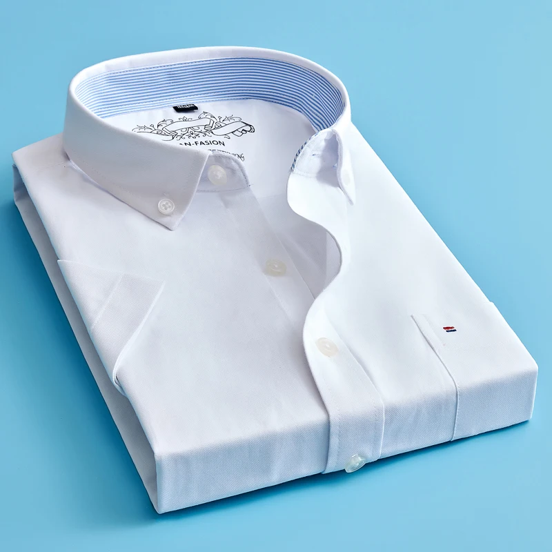 Camisa sólida do vestido de oxford dos homens da luva curta com bolso esquerdo do peito de alta qualidade masculina ocasional regular-ajuste topos botão para baixo camisas