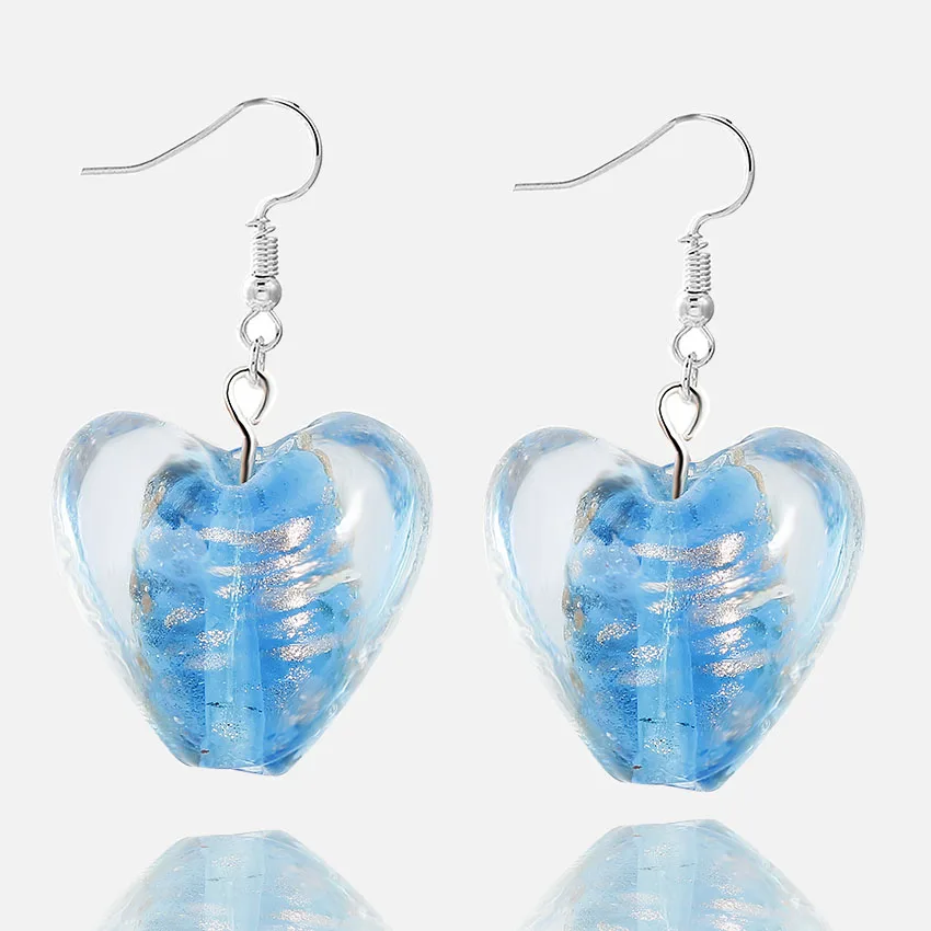 Qianbei Color Hand-made Murano Glass Gold Sand Women\'s Romatic Silver Plated Classic Dangle Heart Earrings