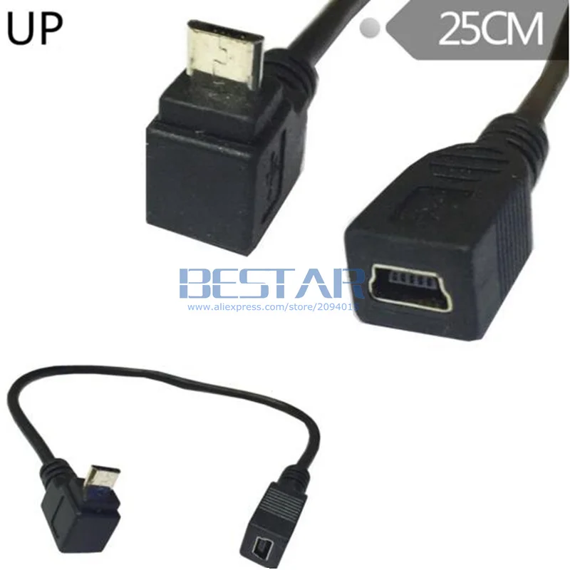 25cm usb 2.0 micro macho para baixo & para cima & esquerda & direita angular para mini usb 5pin fêmea otg cabo de cabo de extensão de dados 0.25m micro-usb