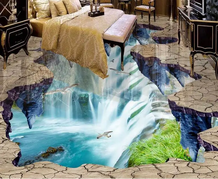 

3d flooring custom wallpaper for walls 3 d photo wallpaper 3d floor Waterfalls Lotus Carp living room 3d pvc flooring waterproof