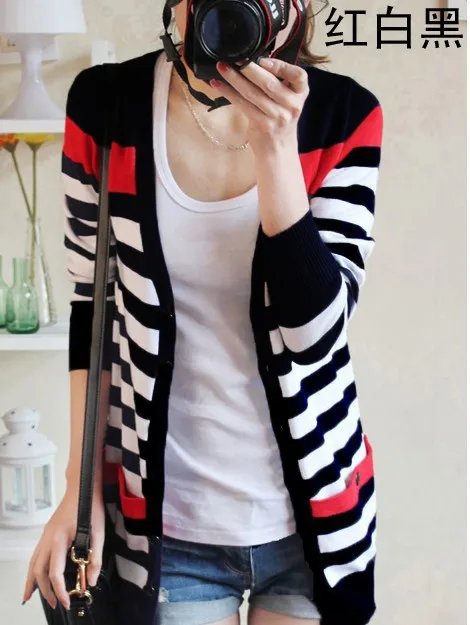 2021 New Fashion Women Spring Autumn Slim Sweater Cardigan V-Neck Medium-Long Stripe Cardigan Women Knitted Outerwear Female