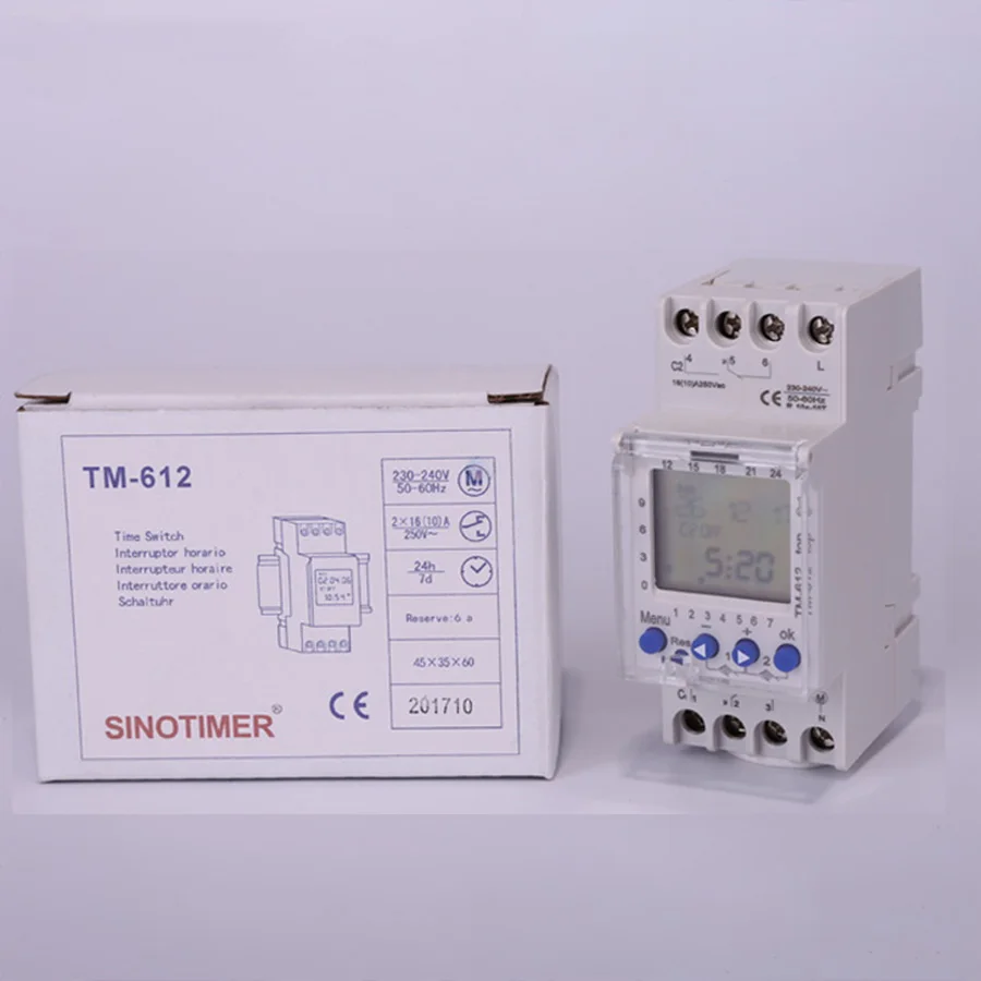 TM612 220 VAC 16A 6PINS 2NO 2NC 2 Channels Big LCD Display Programmable 24hrs Time Clock with Two Relay Outputs Timer Switch 2NO