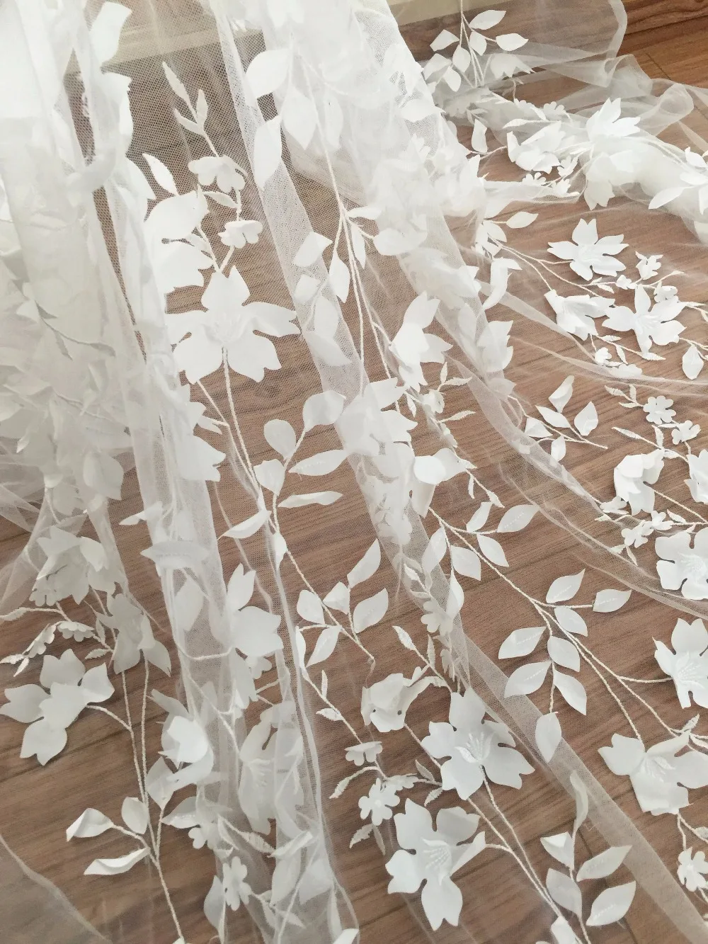 Exquisite Illusion 3D Leaf Bridal Gown Lace Fabric , Fine Made Vivid Floral Embroidery Blossom Fabric byYard in Soft White