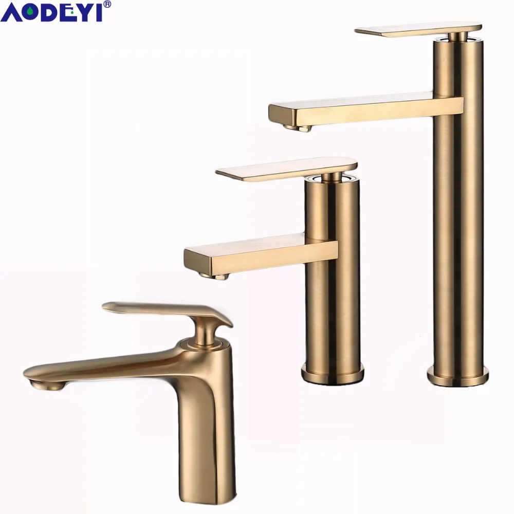 

AODEYI Vanity Brass Bathroom Basin Sink Mixer Tap Brushed Gold Single Lever Deck Mounted Hot and Cold Mixing Faucet, 12-015