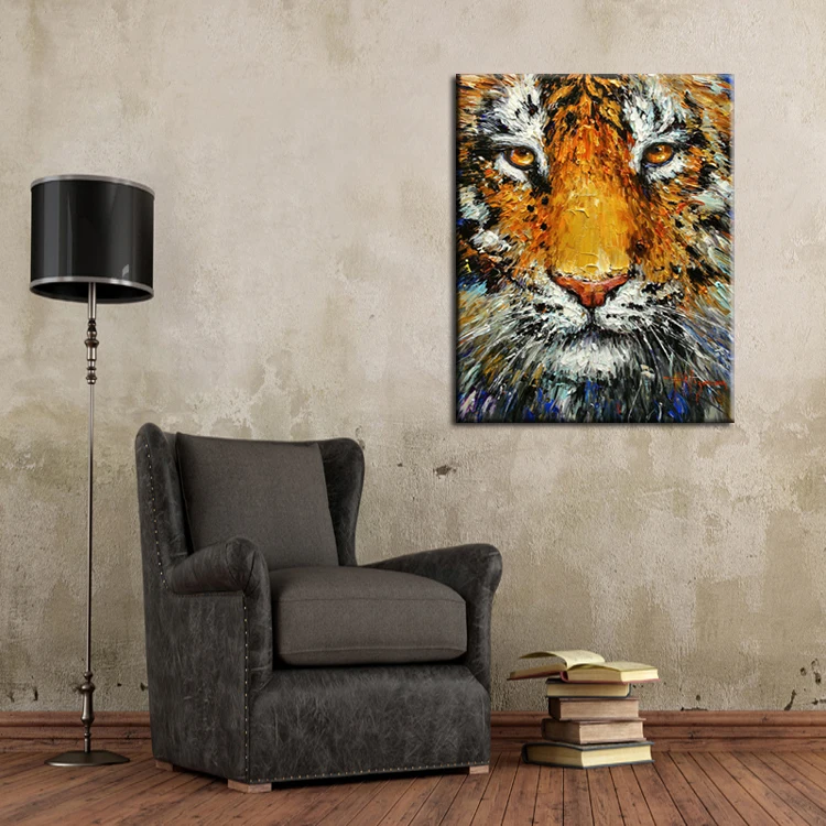 Awesome Beauty Tiger Head Oil Painting On Canvas Professional Skilled Painter Pure Handmade Tiger Head Knife Painting For Decor