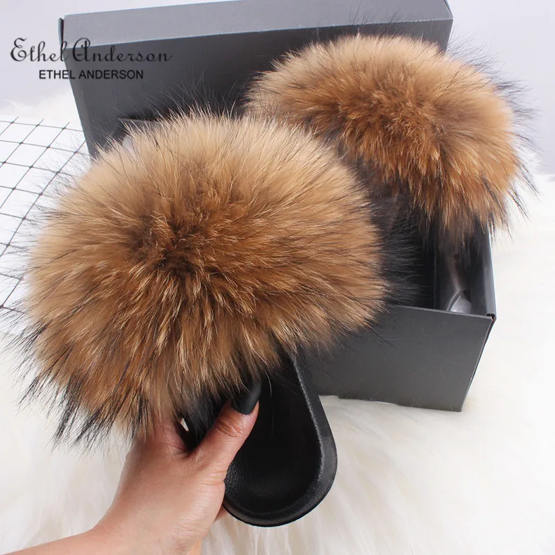 Ethel Anderson Women Slippers Slides Summer Plus Real Fox Fur Flip Flops Chic Fur Flat Sandals Shoes Top Selling