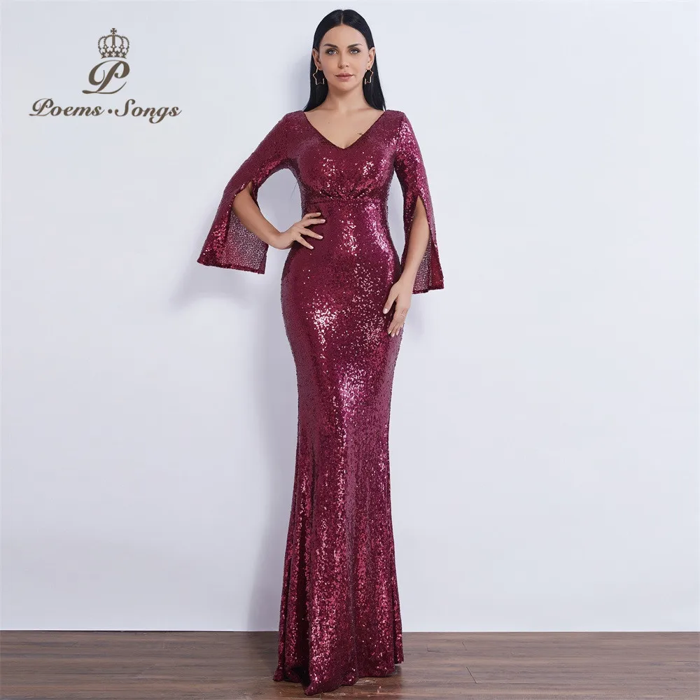 Poems Songs Long shinny Sequin V-neck Evening dress mermaid prom dress vestido elegante evening gown vestidos de cerimonia