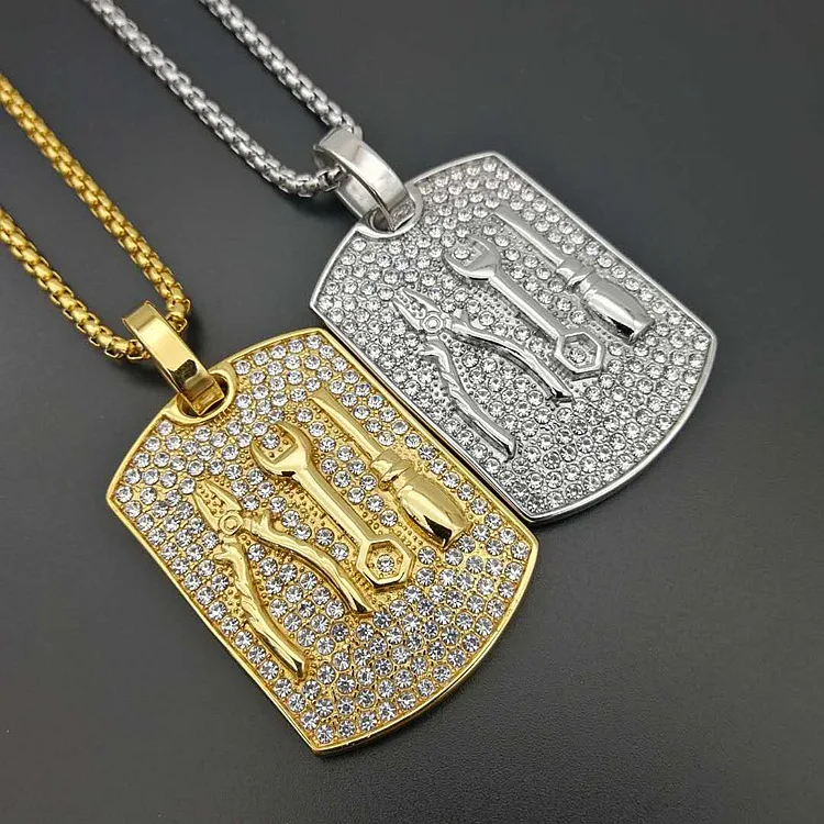 Hip hop Cool Wrench Spanner Pendant Gold color zircon 24