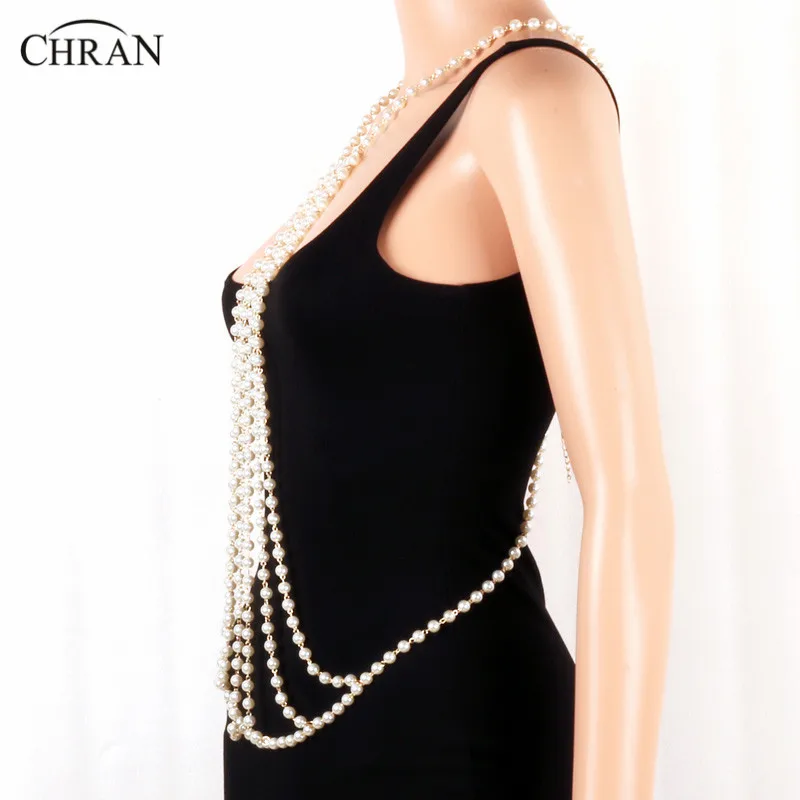 Chran Beach Chain Bra Faux Pearl Long Harness Necklace For Women Chainmail EDC Outfit Belly Waist Wear Festival Jewelry CRBJ171