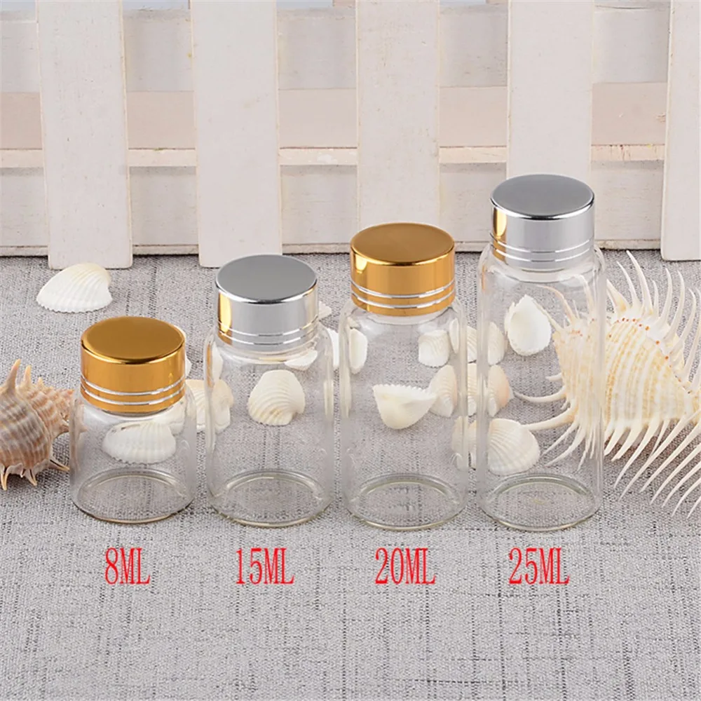 Empty Glass Bottles with Metal Screw Cap Pill Powder Ornament Bottles 8ml 15ml 20ml 25ml Liquid Food Saffron Jar Container 50pcs