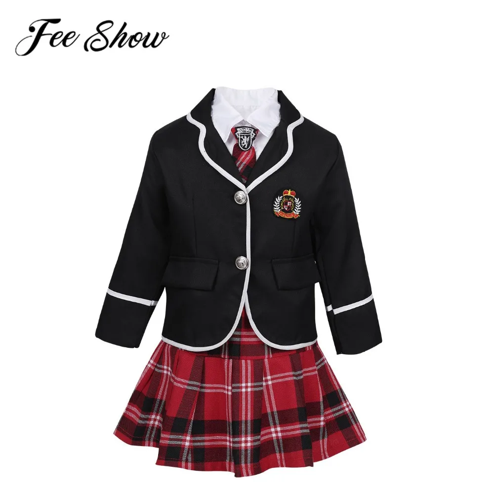 

Children Schoolgirl Student Uniform Japanese Rave Cosplay Costumes Suit Kids Girls Long Sleeve Coat & Shirt Tie Dance Mini Skirt