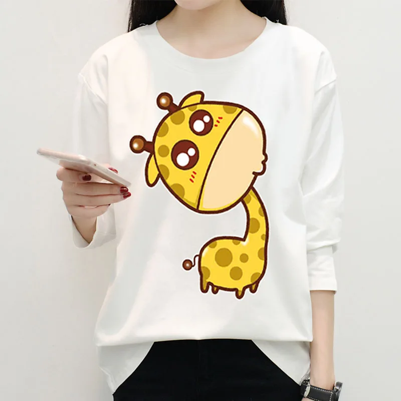 

Zuolunouba Summer Casual Tees Tops Female Cartoon Kawaii Giraffe Harajuku O-neck Long Sleeve Women T-shirts