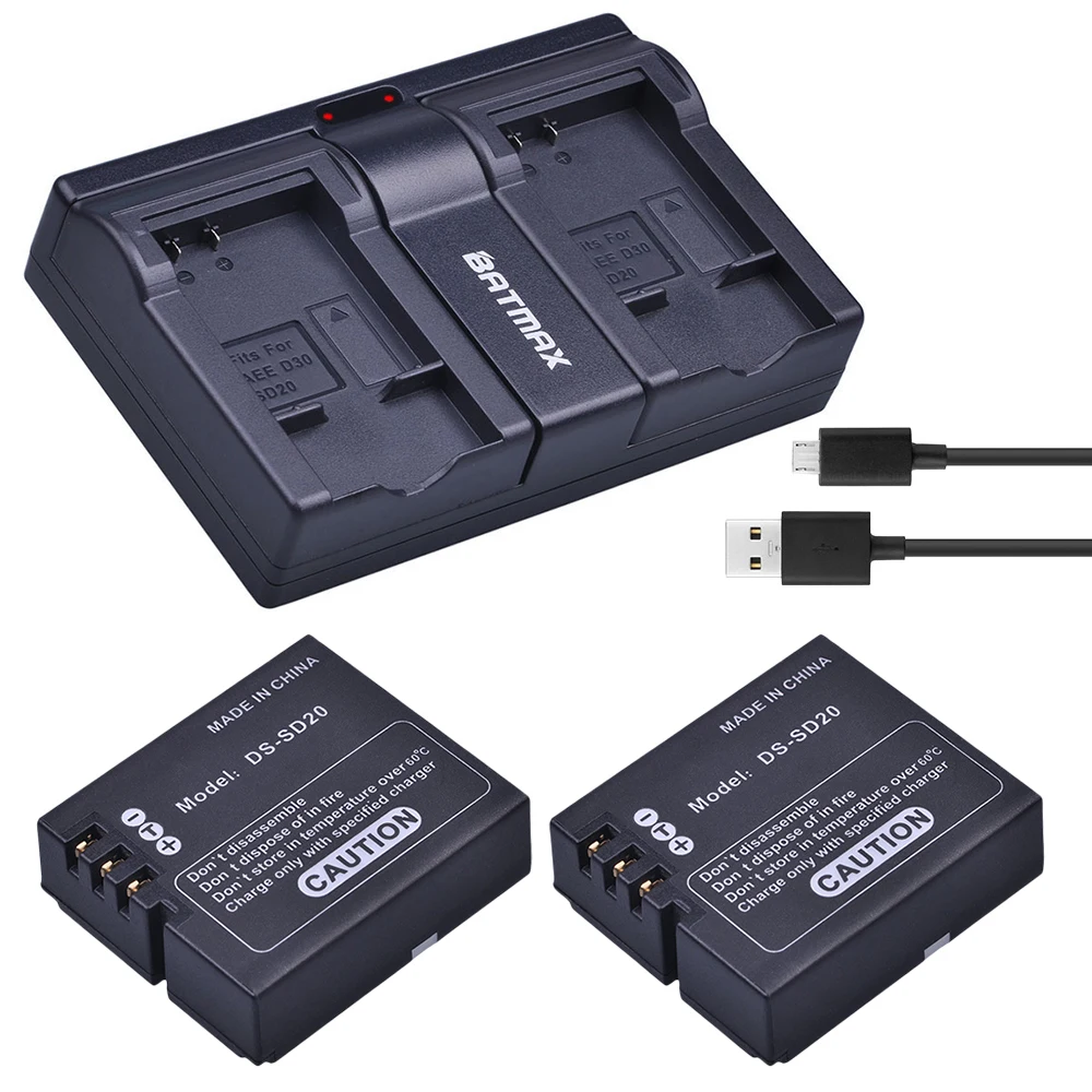 Batmax 2Pcs DS-SD20 SD20 Battery+USB Dual Charger for Rollei 3S 4S 5S ActionPro SD20F WiF Rollei 3S Action Sports Cameras