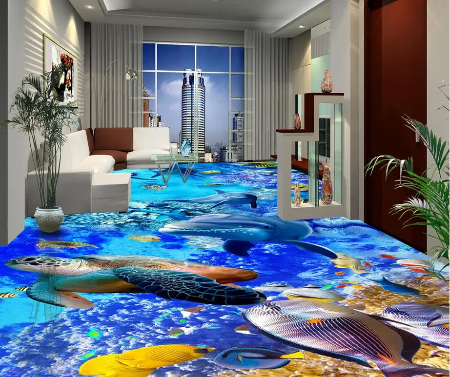 Modern Sticker 3D Floor Underwater World Fish Swim Turtle Toilet Bathroom 3D Flooring Self-adhesive PVC Wallpaper