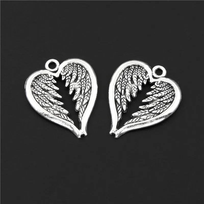 10Pcs  Silver Color Heart Shaped Angel Wing Charms Metal Pendant Making Necklaces Handmade Jewelry Accessories 27X22mm A3123